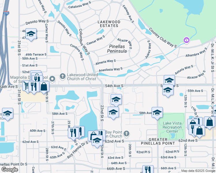 map of restaurants, bars, coffee shops, grocery stores, and more near 2173 55th Avenue South in St. Petersburg