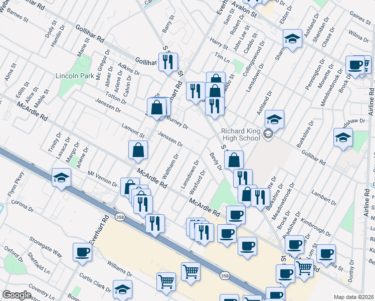 map of restaurants, bars, coffee shops, grocery stores, and more near 4709 Lansdown Drive in Corpus Christi