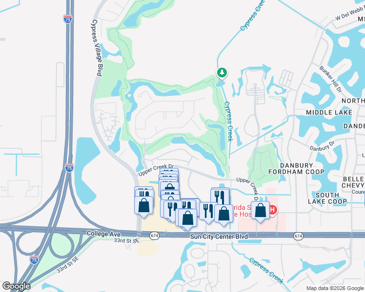 map of restaurants, bars, coffee shops, grocery stores, and more near 3764 Maxwell Park Drive in Sun City Center