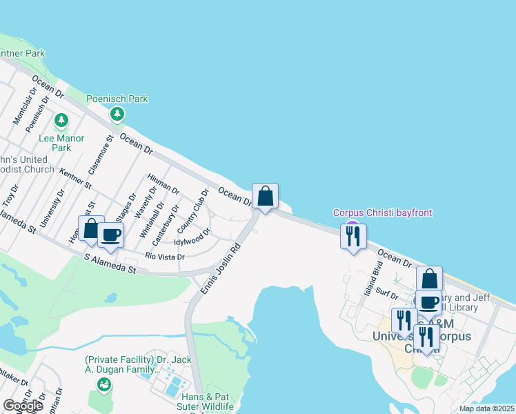 map of restaurants, bars, coffee shops, grocery stores, and more near Texas 3 Spur & Ocean Drive in Corpus Christi