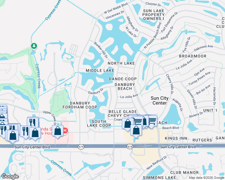 map of restaurants, bars, coffee shops, grocery stores, and more near 1743 Council Drive in Sun City Center