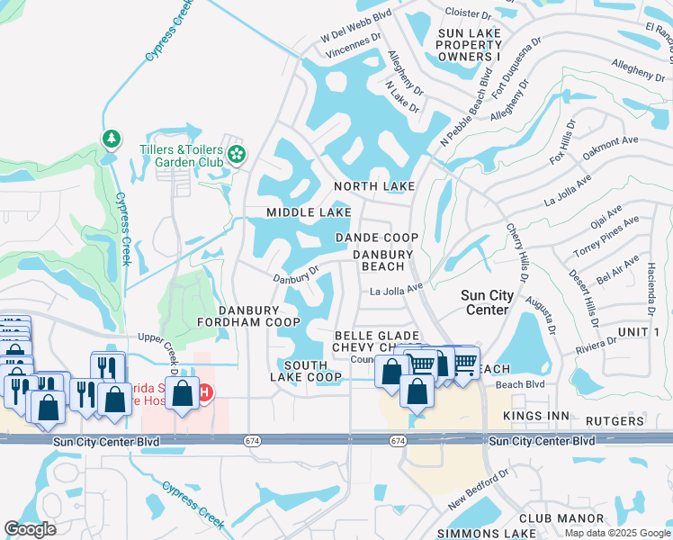 map of restaurants, bars, coffee shops, grocery stores, and more near 1748 Council Drive in Sun City Center