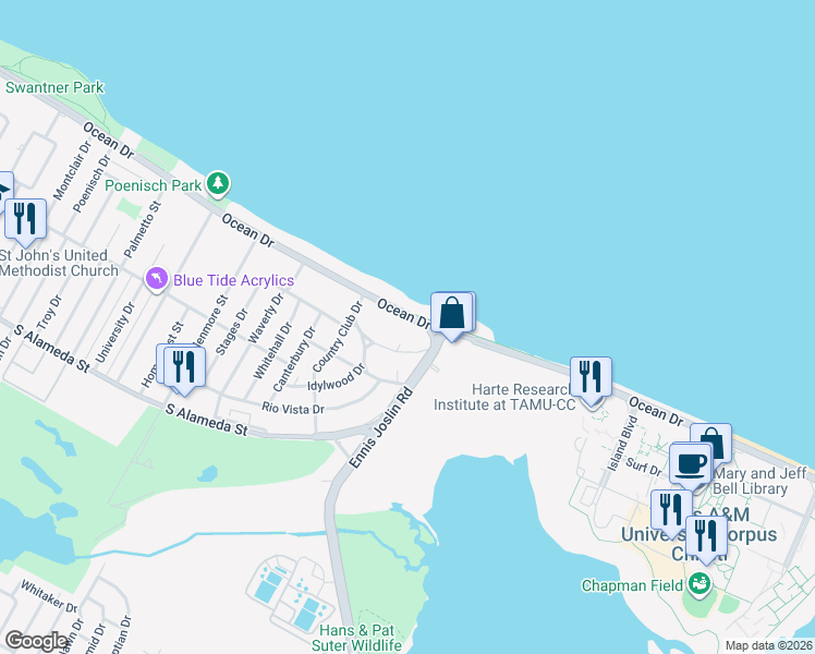 map of restaurants, bars, coffee shops, grocery stores, and more near 6032 Ocean Drive in Corpus Christi