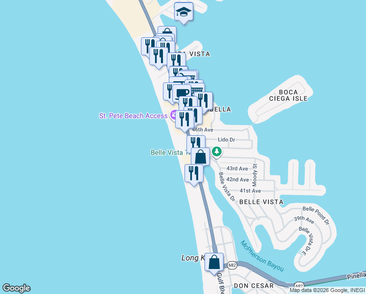 map of restaurants, bars, coffee shops, grocery stores, and more near 4450 Gulf Boulevard in St. Pete Beach