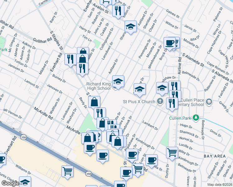 map of restaurants, bars, coffee shops, grocery stores, and more near 5225 Gollihar Road in Corpus Christi