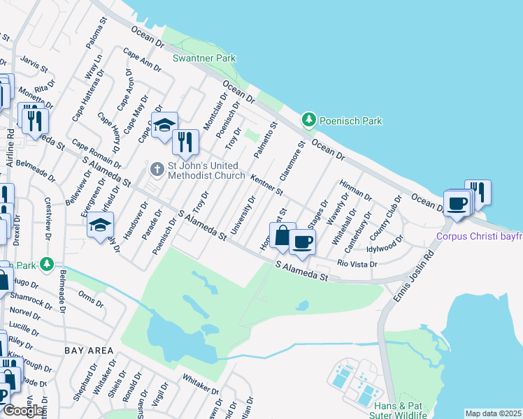 map of restaurants, bars, coffee shops, grocery stores, and more near 432 Claremore Street in Corpus Christi