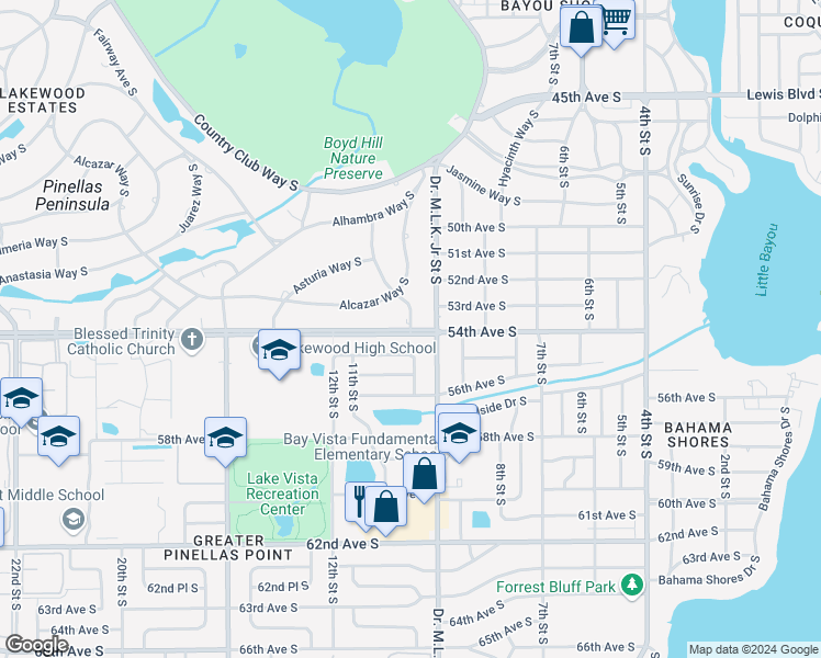 map of restaurants, bars, coffee shops, grocery stores, and more near 5395 Aragon Way South in St. Petersburg