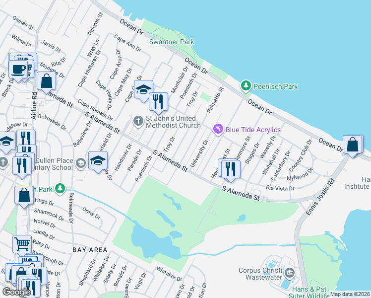 map of restaurants, bars, coffee shops, grocery stores, and more near 448 Palmetto Street in Corpus Christi