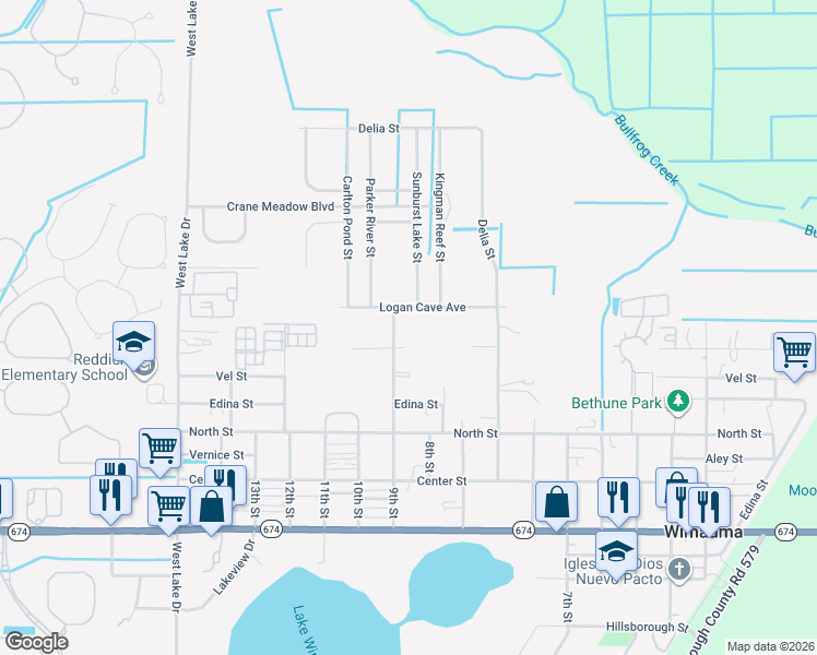 map of restaurants, bars, coffee shops, grocery stores, and more near 102 9th Street in Wimauma