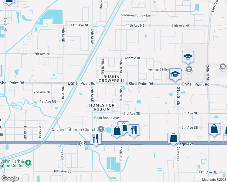 map of restaurants, bars, coffee shops, grocery stores, and more near 129 Laguna Oaks Place in Ruskin