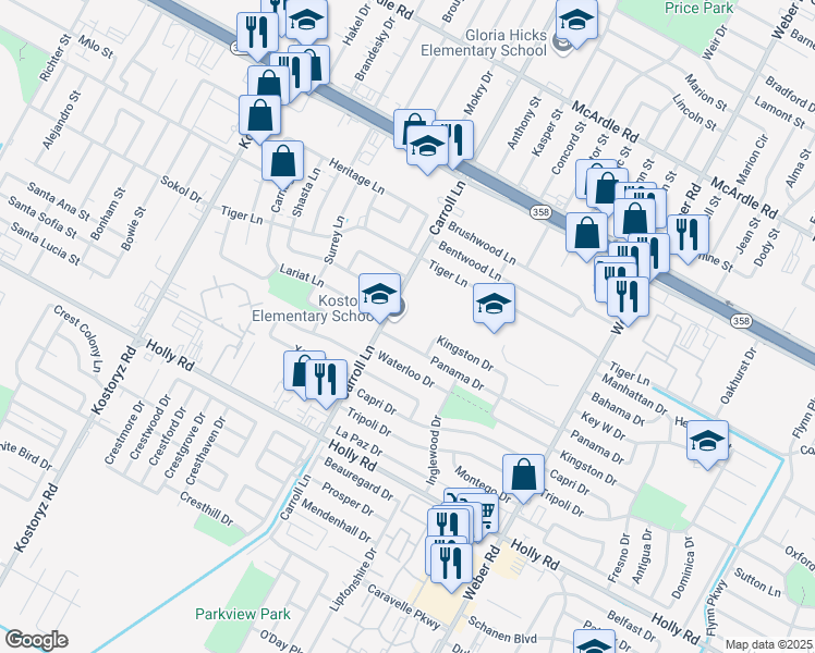 map of restaurants, bars, coffee shops, grocery stores, and more near 3602 Panama Drive in Corpus Christi