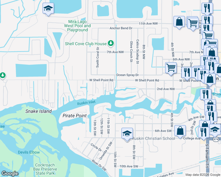 map of restaurants, bars, coffee shops, grocery stores, and more near 1106 West Shell Point Road in Ruskin