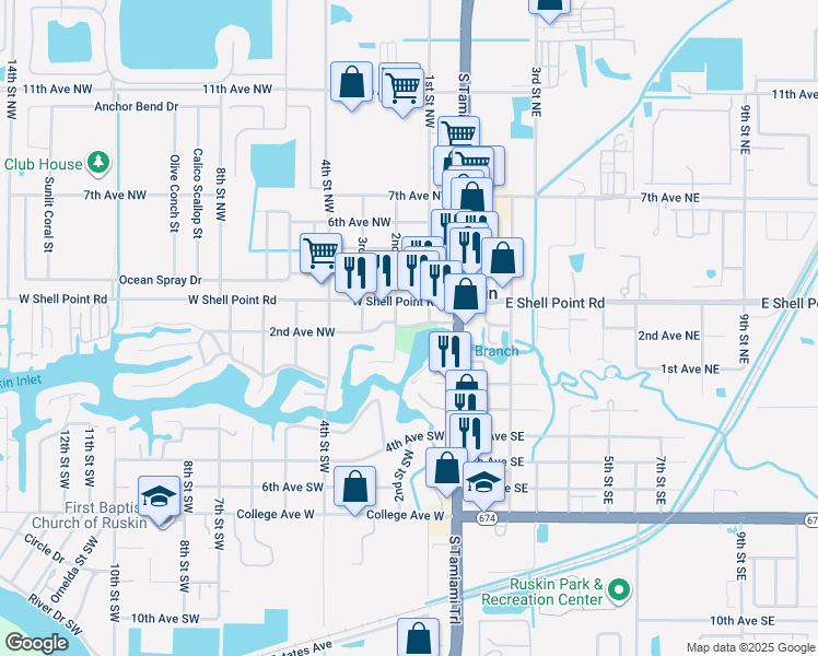 map of restaurants, bars, coffee shops, grocery stores, and more near 103 1st Avenue Northwest in Ruskin