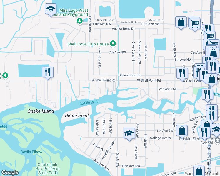 map of restaurants, bars, coffee shops, grocery stores, and more near 512 West Drive in Ruskin
