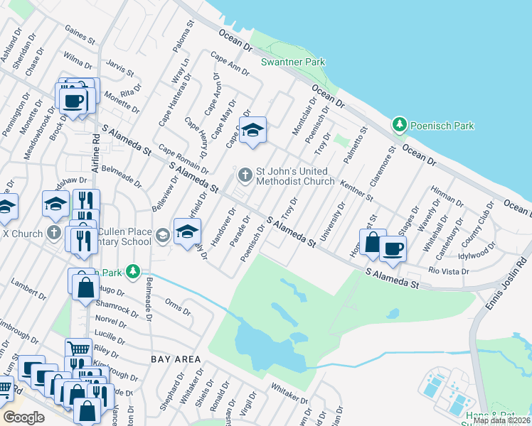 map of restaurants, bars, coffee shops, grocery stores, and more near 458 Poenisch Drive in Corpus Christi
