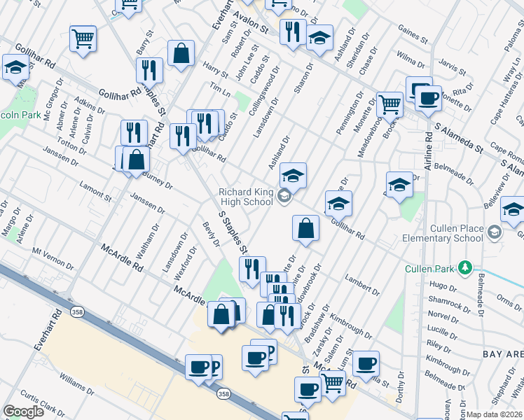 map of restaurants, bars, coffee shops, grocery stores, and more near 930 Ashland Drive in Corpus Christi