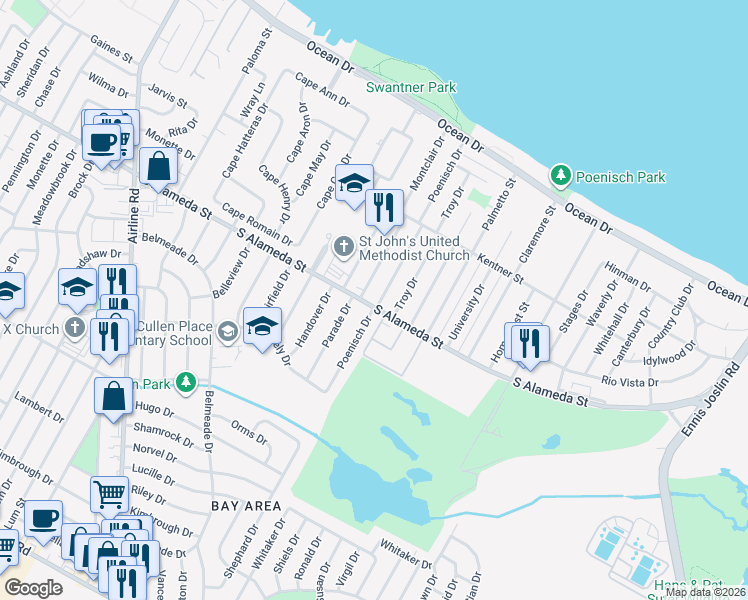 map of restaurants, bars, coffee shops, grocery stores, and more near 458 Poenisch Drive in Corpus Christi