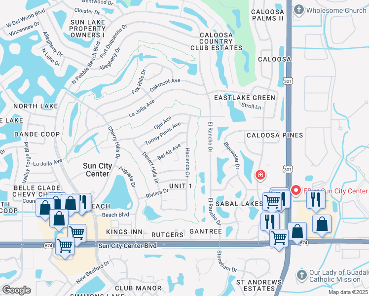 map of restaurants, bars, coffee shops, grocery stores, and more near 702 Bel Air Avenue in Sun City Center