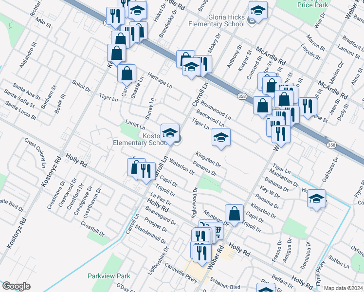 map of restaurants, bars, coffee shops, grocery stores, and more near 3602 Panama Drive in Corpus Christi