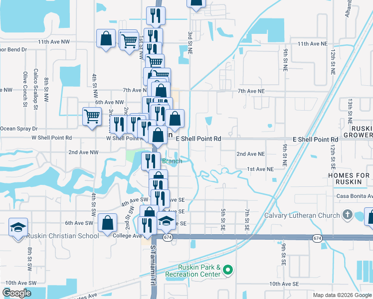 map of restaurants, bars, coffee shops, grocery stores, and more near 103 2nd Street Southeast in Ruskin