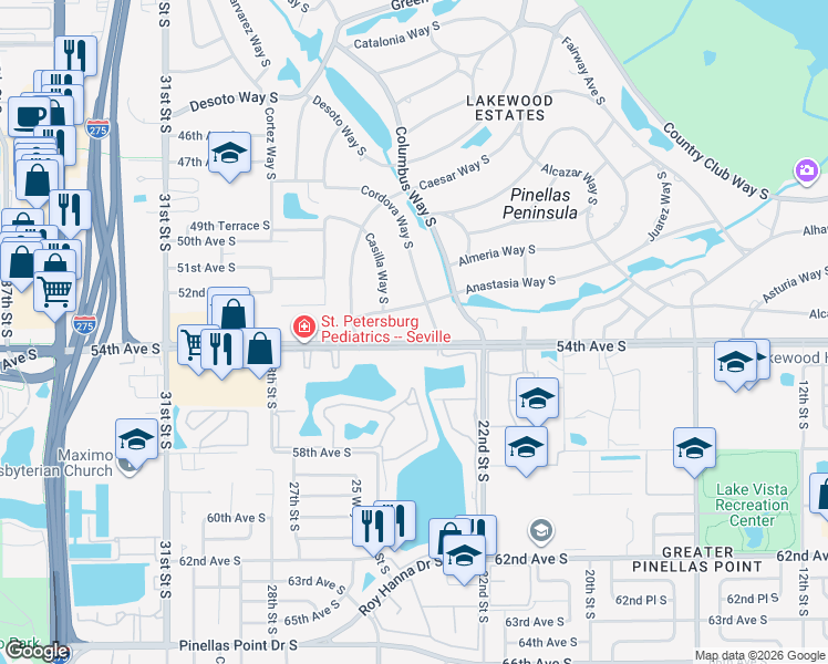 map of restaurants, bars, coffee shops, grocery stores, and more near 2525 54th Avenue South in St. Petersburg
