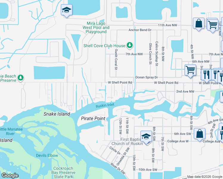 map of restaurants, bars, coffee shops, grocery stores, and more near 225 13th Street Northwest in Ruskin