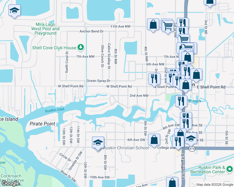map of restaurants, bars, coffee shops, grocery stores, and more near 202 7th Street Southwest in Ruskin