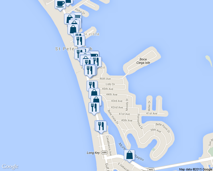 map of restaurants, bars, coffee shops, grocery stores, and more near 158 Lido Drive in St. Pete Beach