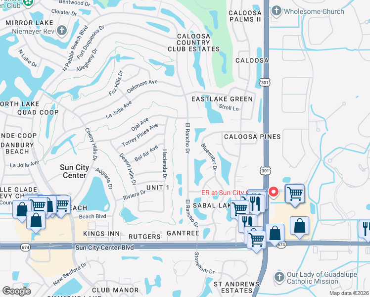 map of restaurants, bars, coffee shops, grocery stores, and more near 1110 El Rancho Drive in Sun City Center