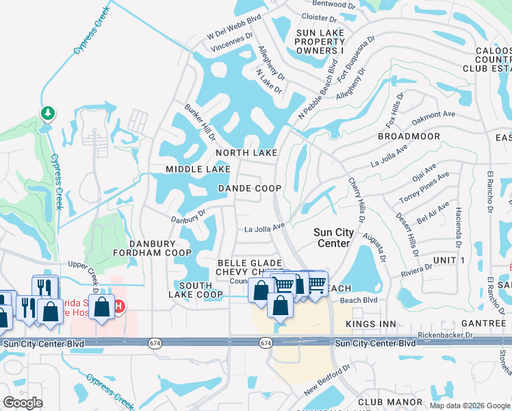 map of restaurants, bars, coffee shops, grocery stores, and more near 1512 Danbury Drive in Sun City Center