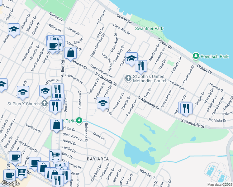 map of restaurants, bars, coffee shops, grocery stores, and more near 509 Greenway Drive in Corpus Christi