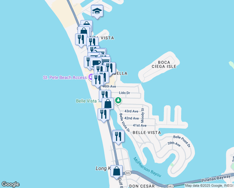 map of restaurants, bars, coffee shops, grocery stores, and more near 112 Lido Drive in St. Pete Beach