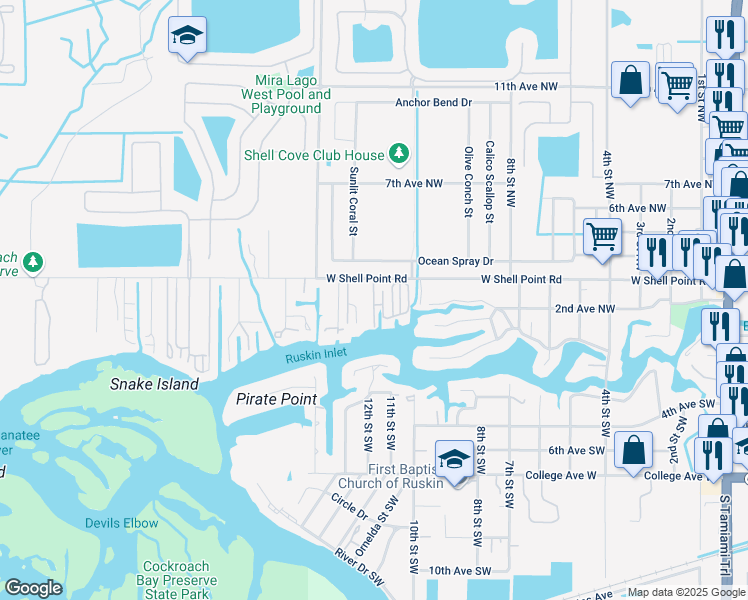 map of restaurants, bars, coffee shops, grocery stores, and more near 512 West Drive in Ruskin