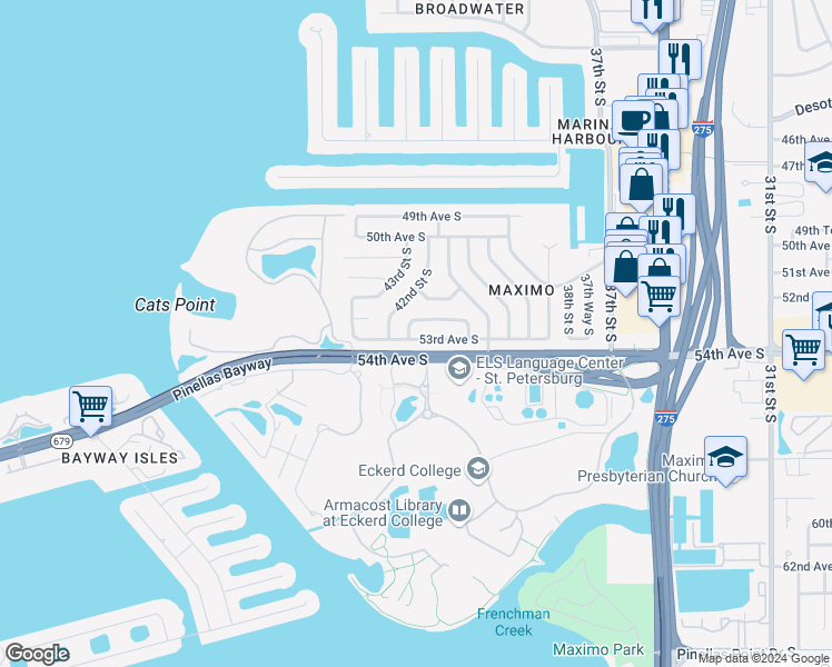 map of restaurants, bars, coffee shops, grocery stores, and more near 4175 53rd Avenue South in Saint Petersburg