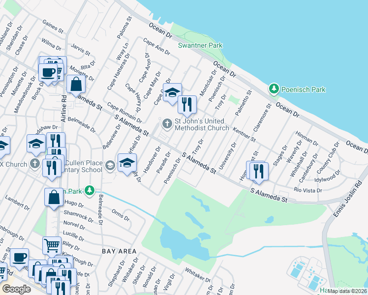 map of restaurants, bars, coffee shops, grocery stores, and more near 458 Poenisch Dr in Corpus Christi