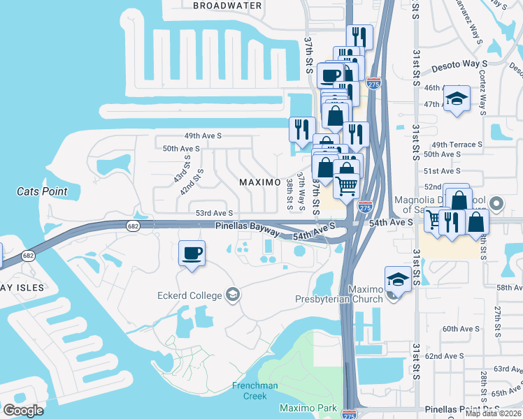 map of restaurants, bars, coffee shops, grocery stores, and more near 5299 39th Street South in Saint Petersburg