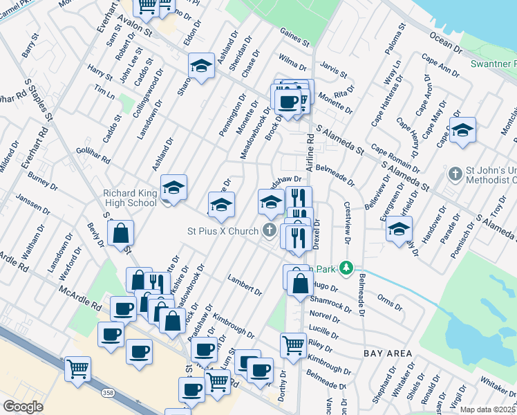 map of restaurants, bars, coffee shops, grocery stores, and more near 726 Bradshaw Drive in Corpus Christi