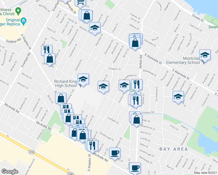 map of restaurants, bars, coffee shops, grocery stores, and more near 745 Meadowbrook Drive in Corpus Christi