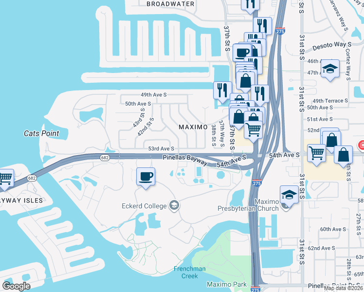 map of restaurants, bars, coffee shops, grocery stores, and more near 5298 41st Street South in St. Petersburg