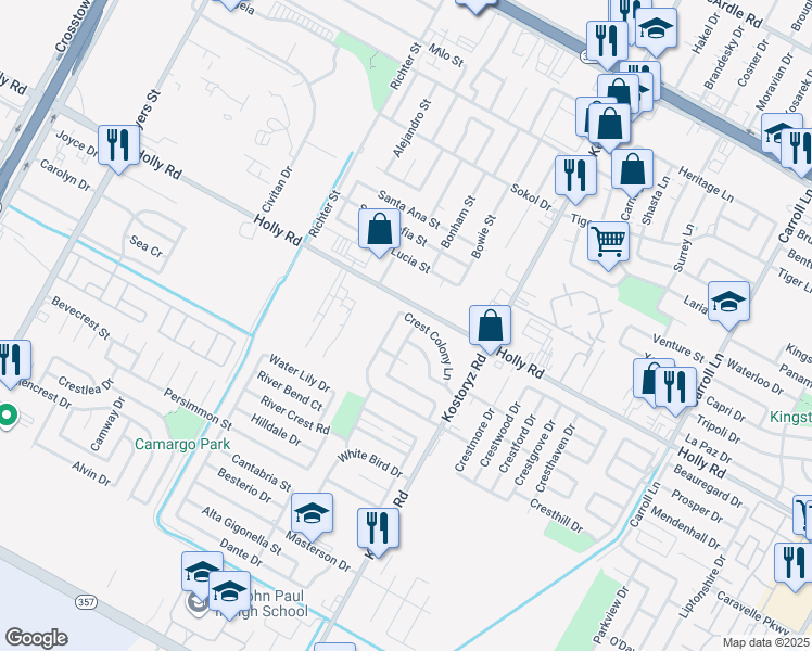 map of restaurants, bars, coffee shops, grocery stores, and more near 5705 Crest Willow Drive in Corpus Christi