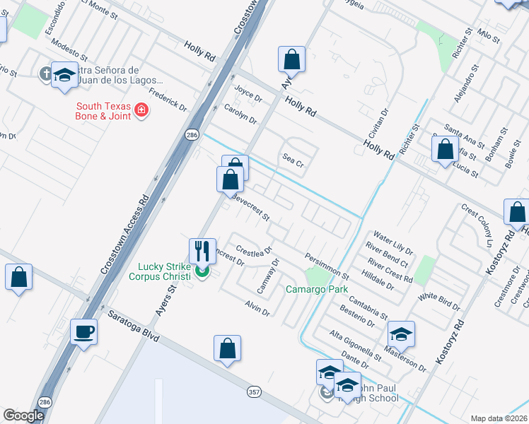 map of restaurants, bars, coffee shops, grocery stores, and more near 2518 Bevecrest Street in Corpus Christi