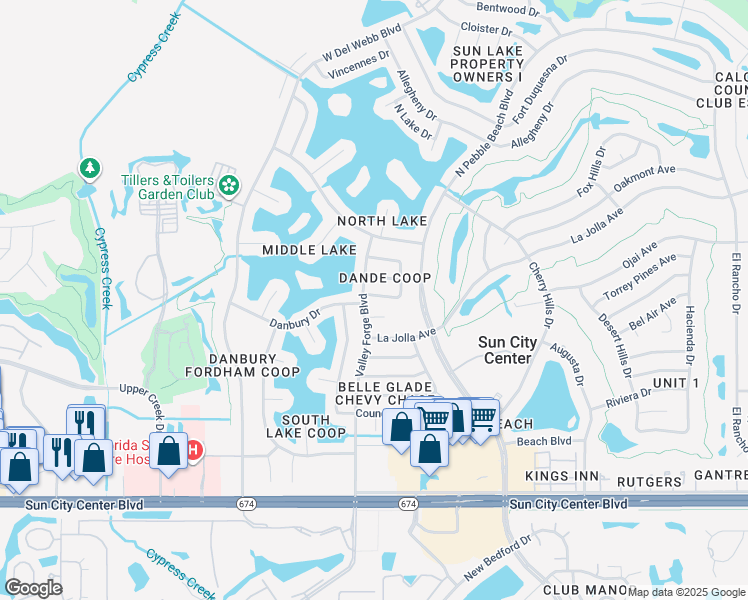 map of restaurants, bars, coffee shops, grocery stores, and more near 1520 Danbury Drive in Sun City Center