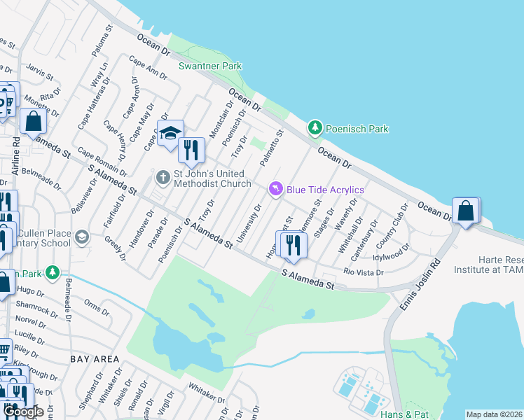 map of restaurants, bars, coffee shops, grocery stores, and more near 425 University Dr in Corpus Christi
