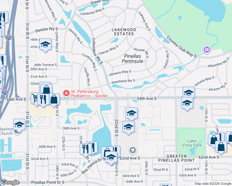 map of restaurants, bars, coffee shops, grocery stores, and more near 5323 Columbus Way South in St. Petersburg