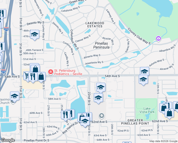 map of restaurants, bars, coffee shops, grocery stores, and more near 5323 Columbus Way South in St. Petersburg