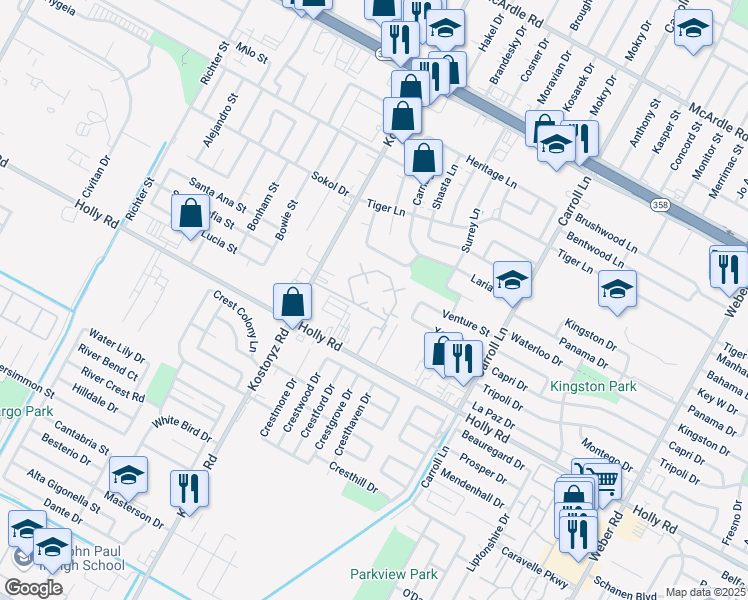 map of restaurants, bars, coffee shops, grocery stores, and more near 3338 Holly Road in Corpus Christi