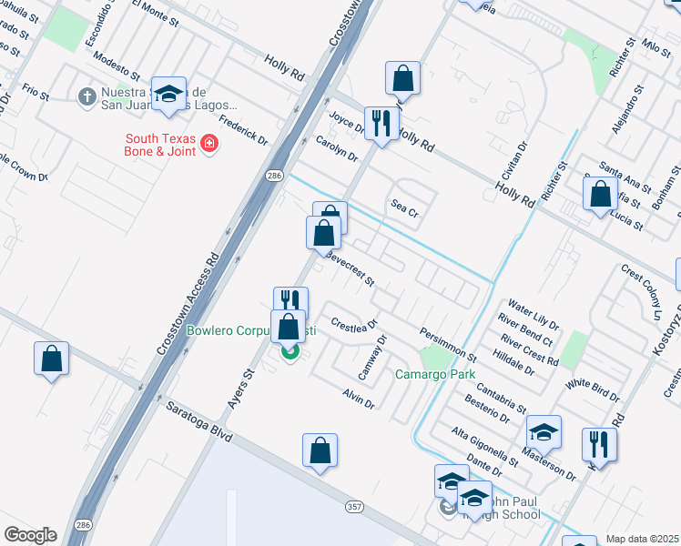map of restaurants, bars, coffee shops, grocery stores, and more near 6010 Kaycrest Street in Corpus Christi