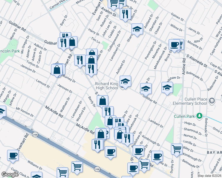 map of restaurants, bars, coffee shops, grocery stores, and more near 930 Ashland Drive in Corpus Christi