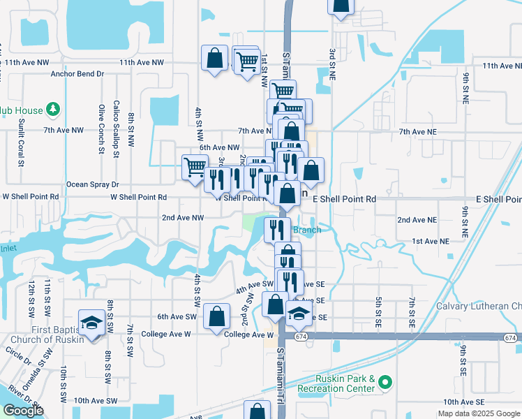 map of restaurants, bars, coffee shops, grocery stores, and more near 103 1st Avenue Northwest in Ruskin