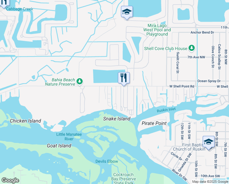 map of restaurants, bars, coffee shops, grocery stores, and more near 142 21st Street Northwest in Ruskin